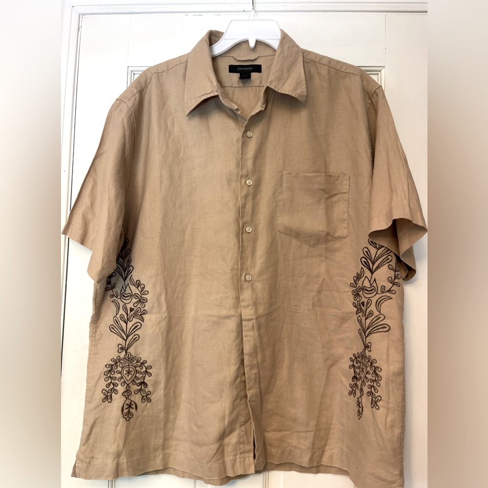 Express Tan Short Sleeve Button-Down Shirt with Dark Brown Embroidery